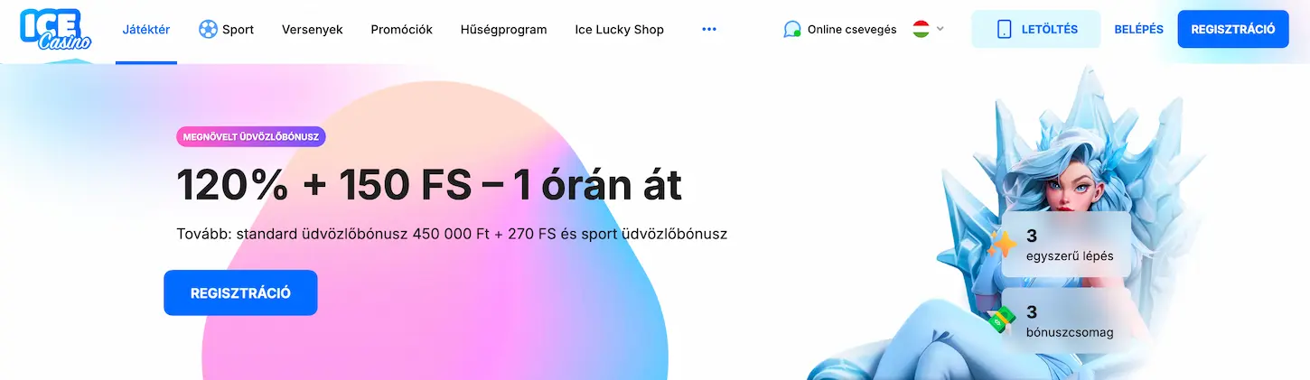 Kaszinó üdvözlőbónusz - 120% bonus plusz 150 ingyenes pörgetés 1 órán át